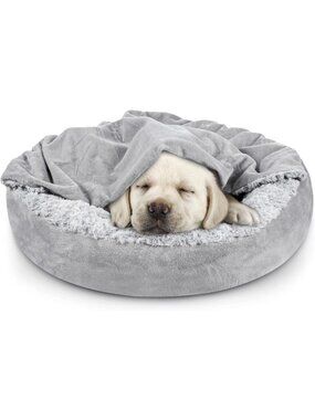 Cozy Round Dog & Cat Bed with Hooded Blanket, Anti-Anxiety Cuddler, 23" Washable